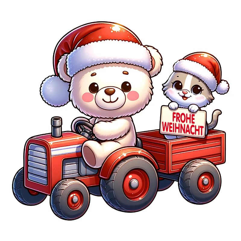 Teddy als Weihnachtsmann mit Traktor und Kätzchen