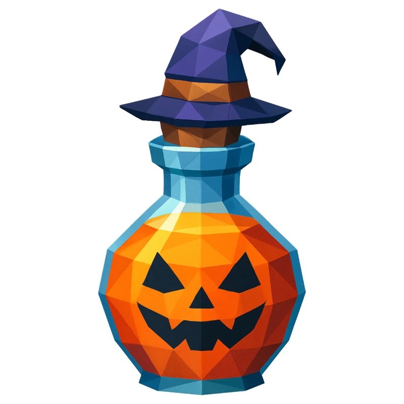 Low poly pumpkin in a witch vial