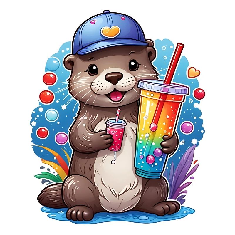 Little Cute Otter Drinking Lemonade with Straw