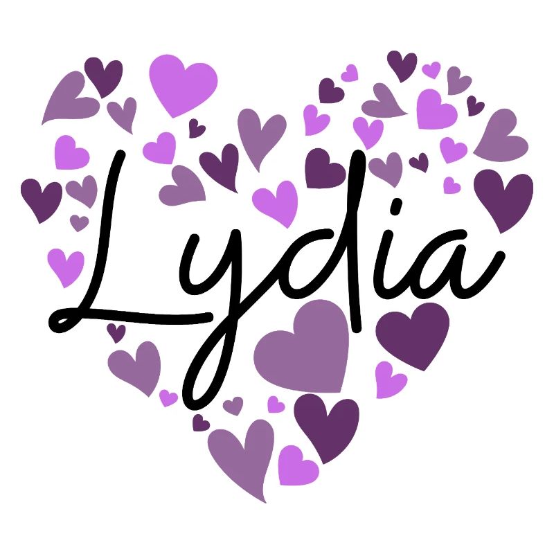Conception du nom Lydia avec des cœurs violets en forme de cœur