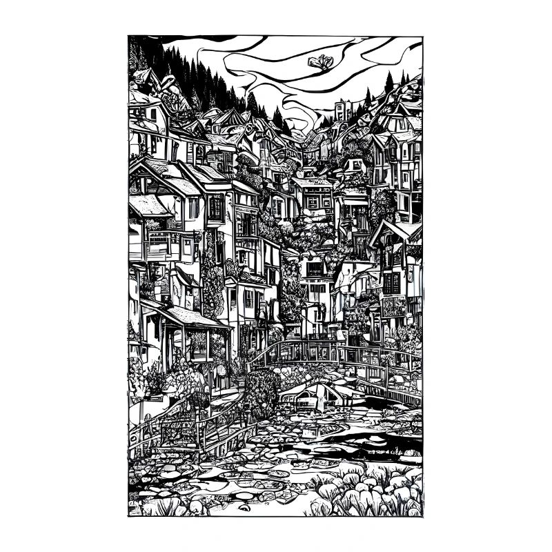 Scène complexe de village à l’encre