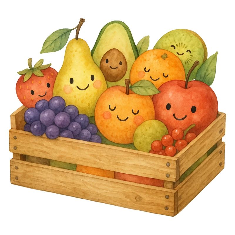Lächelnder Obstkorb Aquarell Früchte Korb Kinder 