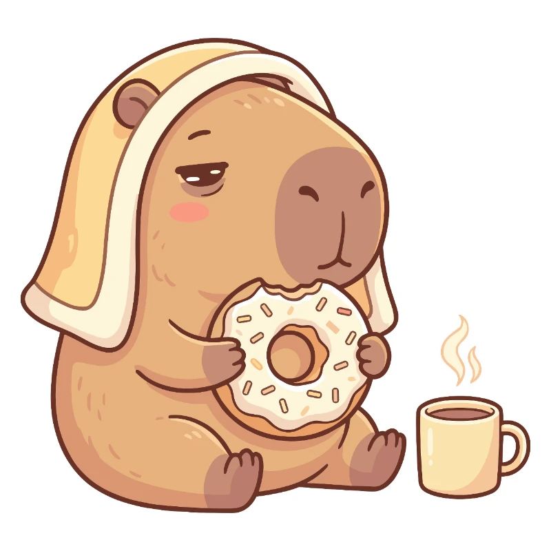 Capybara with donut and coffee cozy motif