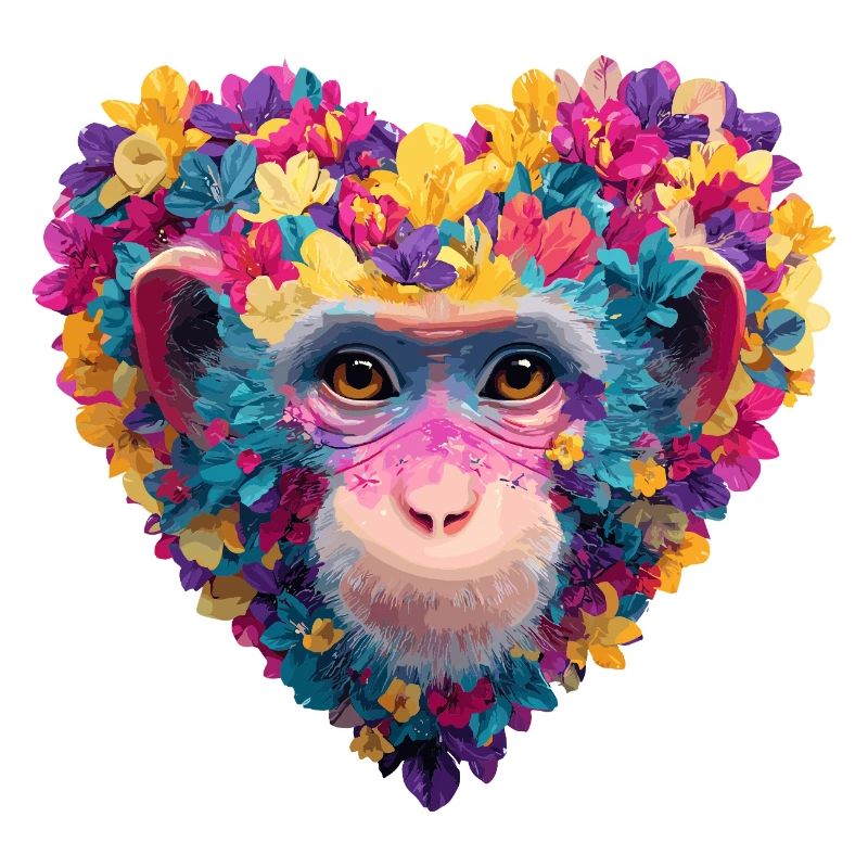 Jeu de couleurs cœur de singe avec guirlande de fleurs