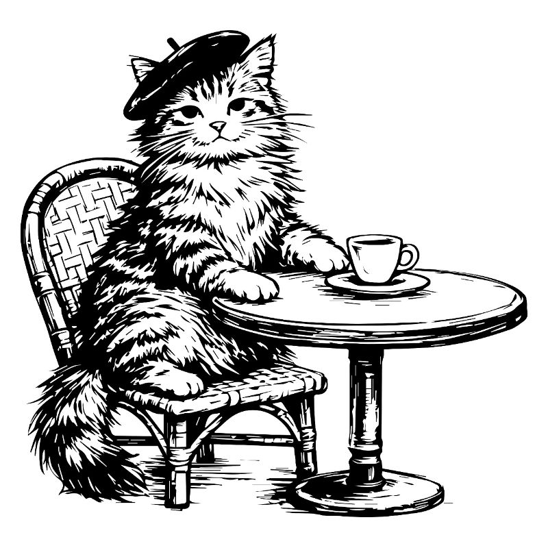 Katze mit Baskenmütze im Café Retro Design