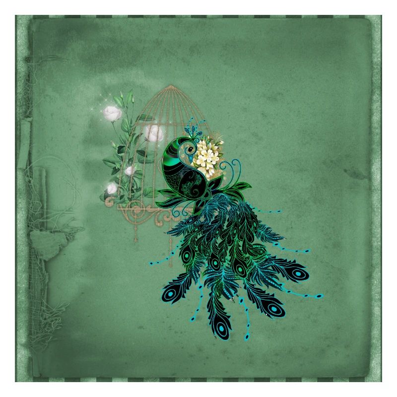 Paon élégant avec cage et fleurs.
