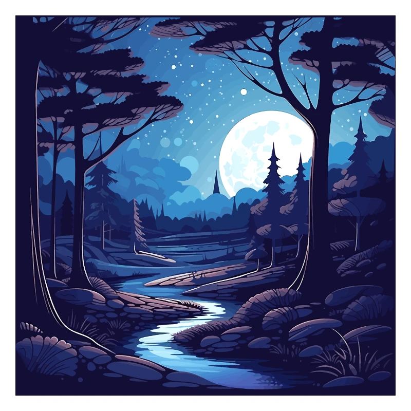 Surreal forest scenery at night