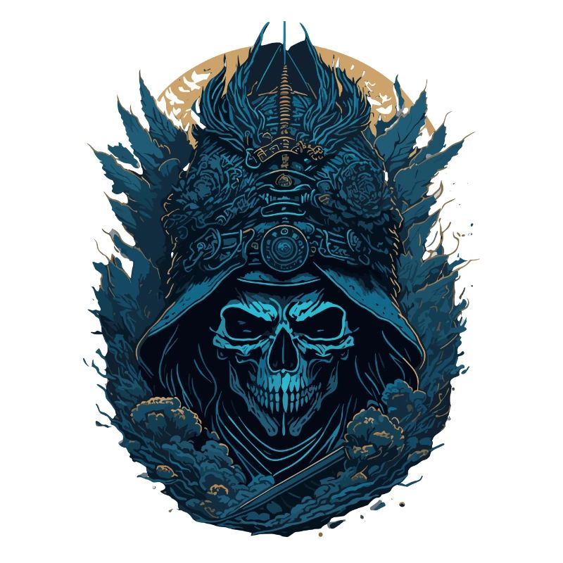 crane squelette samouraï bleu - blue samurai skull