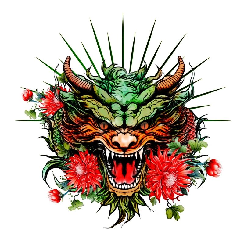 Merveilleuse tête de dragon colorée avec des fleurs.