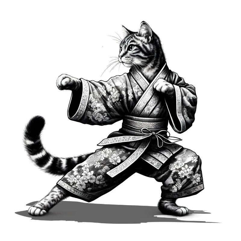 Cat with kimono in a kung fu fighting position