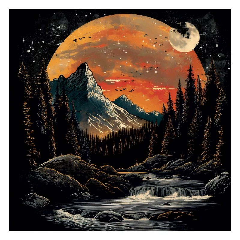 Setting Mountains and Forest at Night