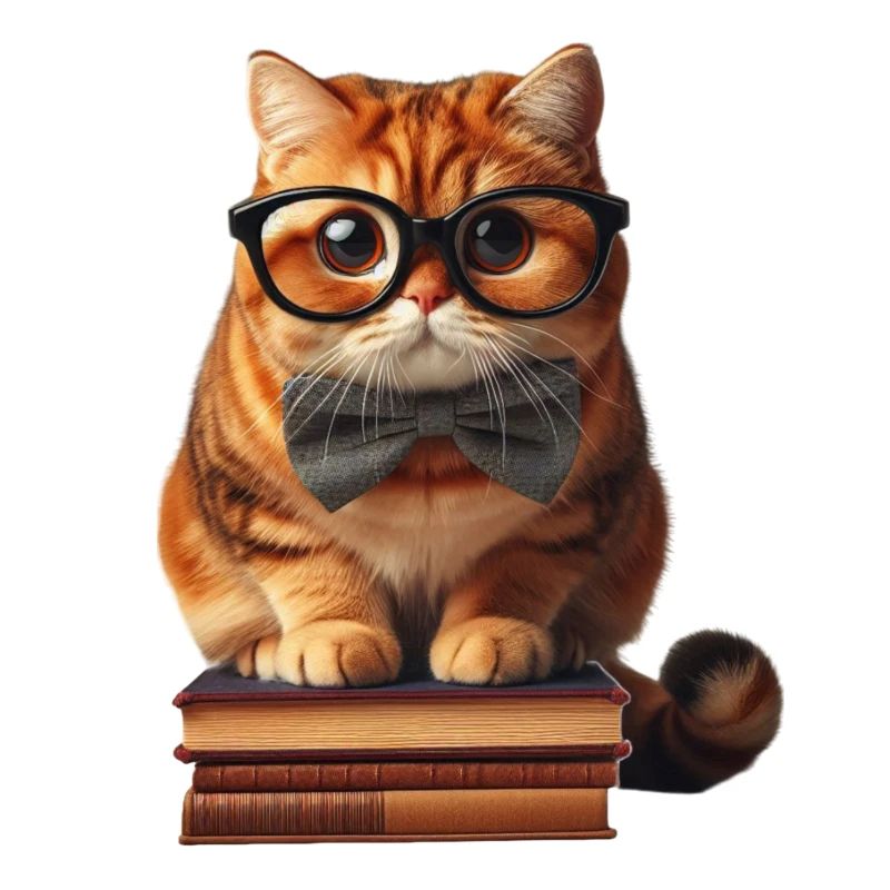Witzige Katze mit Brille auf Bücherstapel
