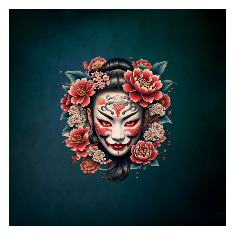 Masque japonais décoré de fleurs.
