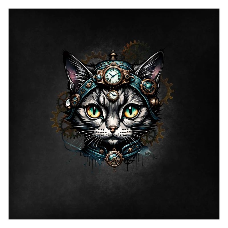 Mignon chat steampunk avec des horloges et des engrenages.