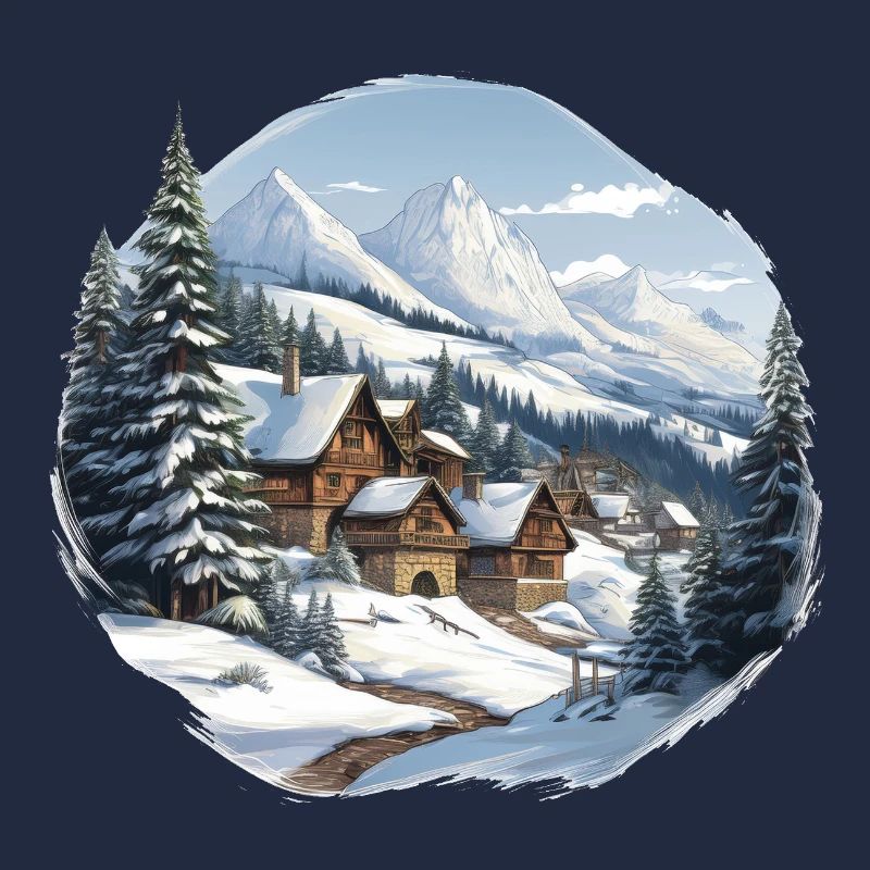 Alpine huts in winter panorama