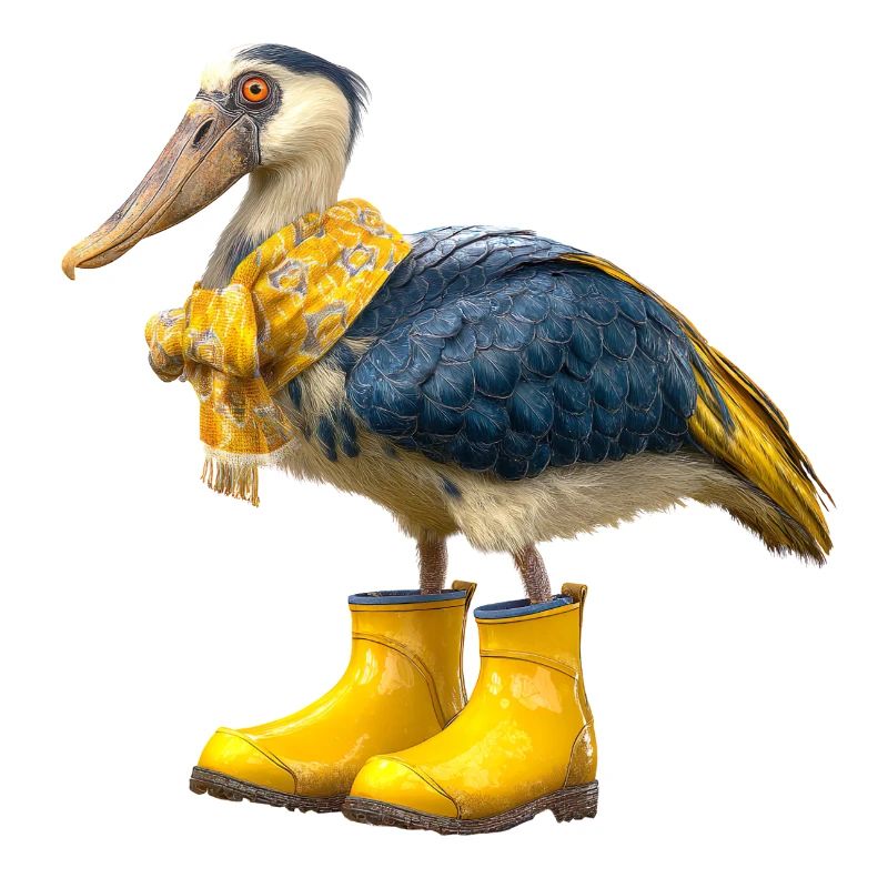 Oiseau à bec-en-sabot créatif dans des bottes en caoutchouc