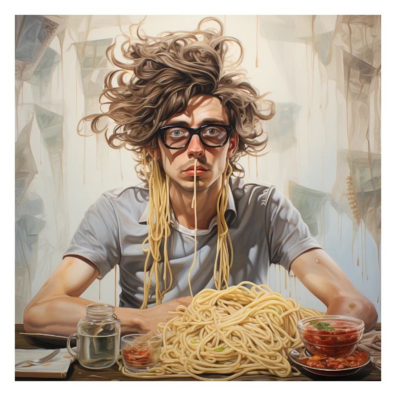 Junger Mann Nudelchaos Portrait mit Spaghetti
