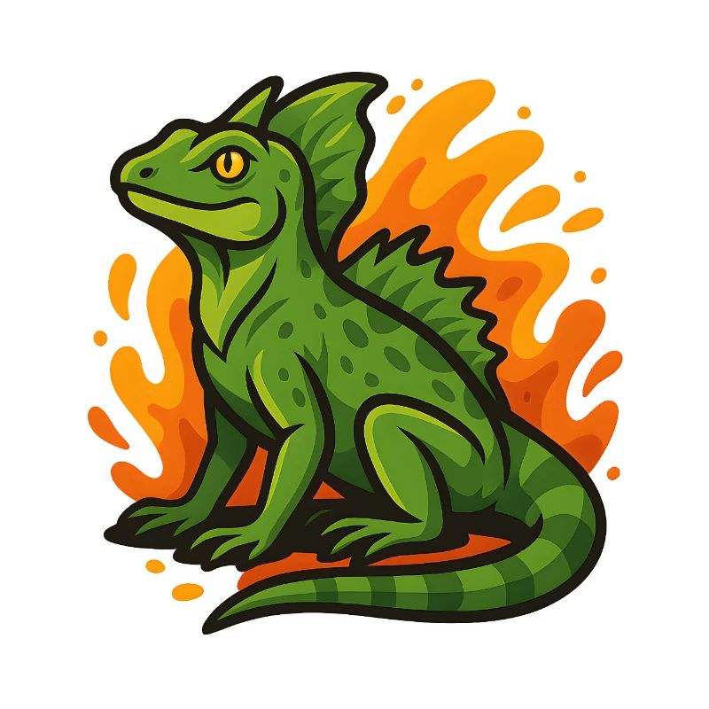 Green basilisk lizard with flaming background