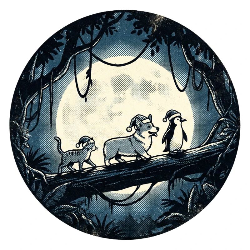 Sentier de la Forêt de Clair de Lune avec Chat, Chien et Pingouin