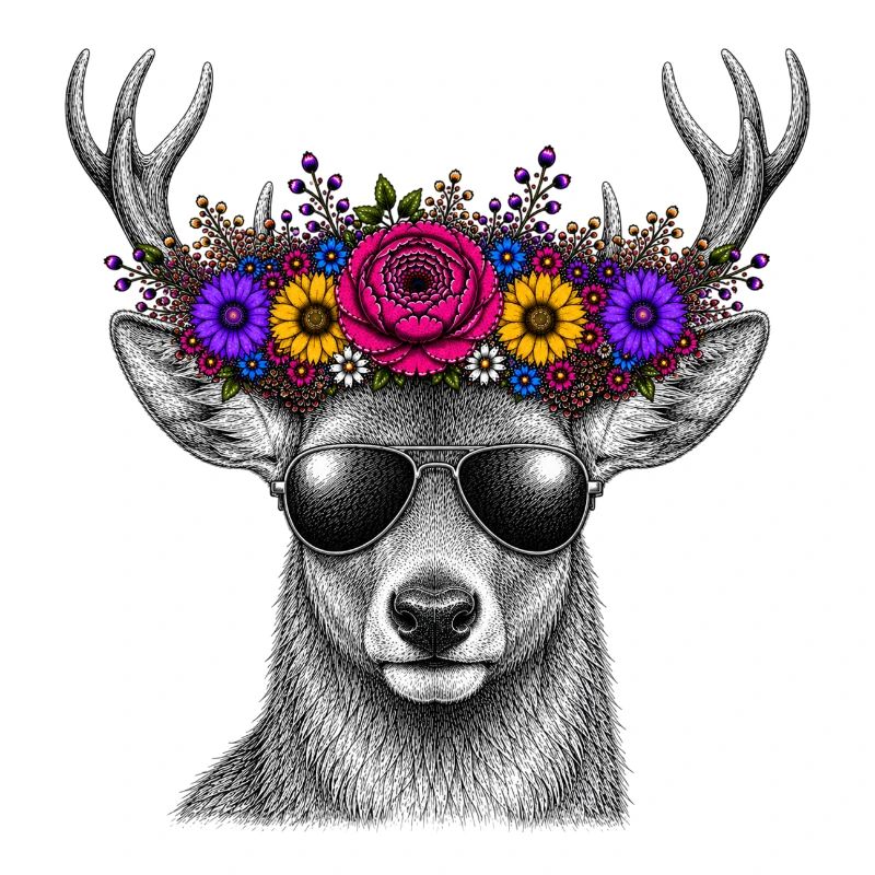 Hirsch mit Blumenkrone und Sonnenbrille