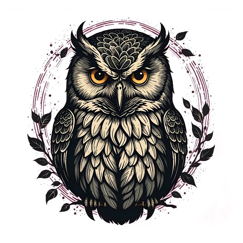 Œil de hibou dans une couronne de feuilles