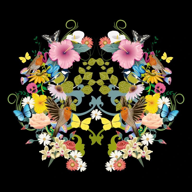fleurs symétriques, oiseaux et papillons