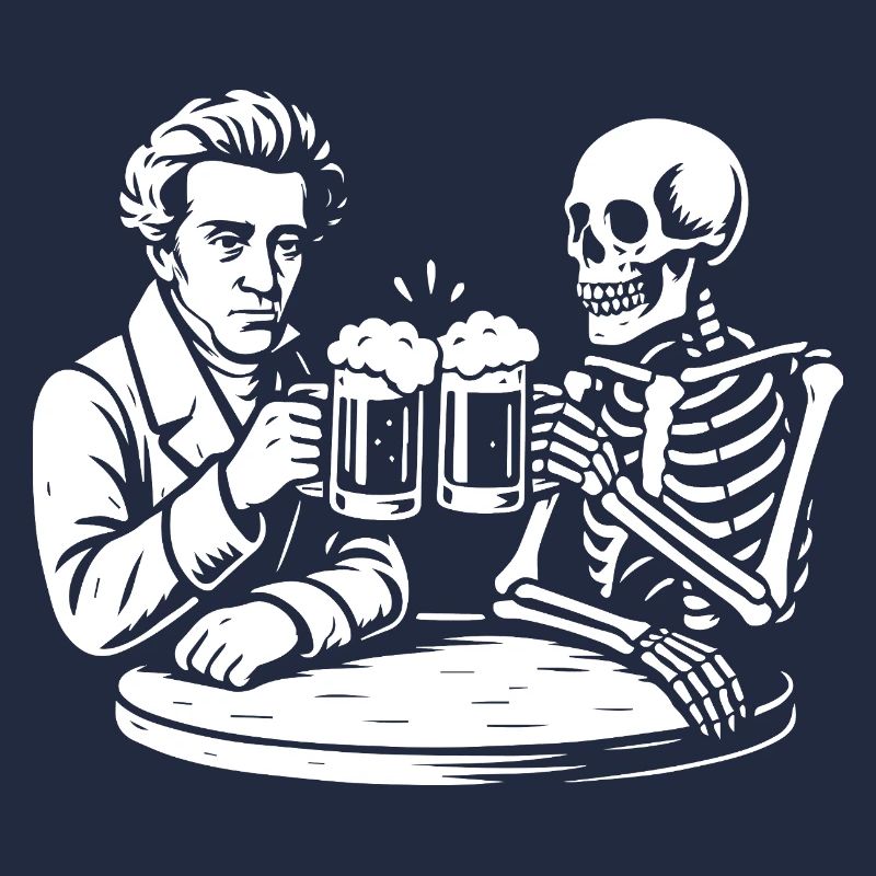 Soren Kierkegaard drinking beer with skeleton