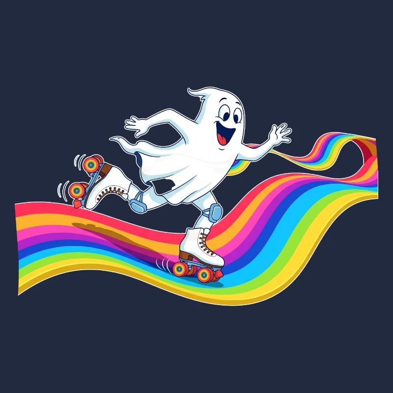Ghost roller skating on rainbow rink