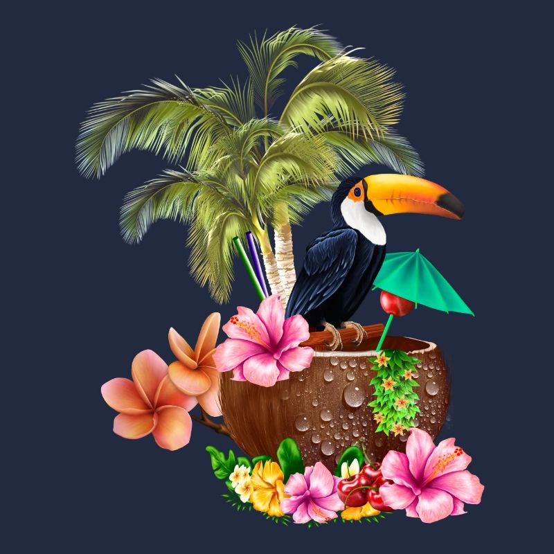 Conception tropicale avec toucans et palmiers.