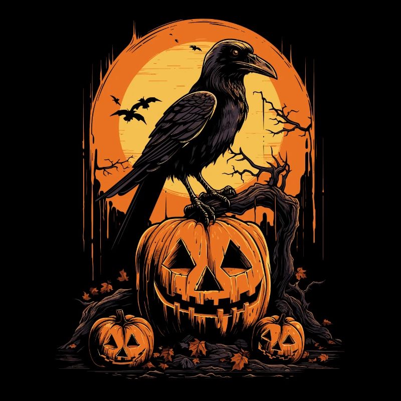 Corbeau sur citrouille souriante devant la scène de la pleine lune