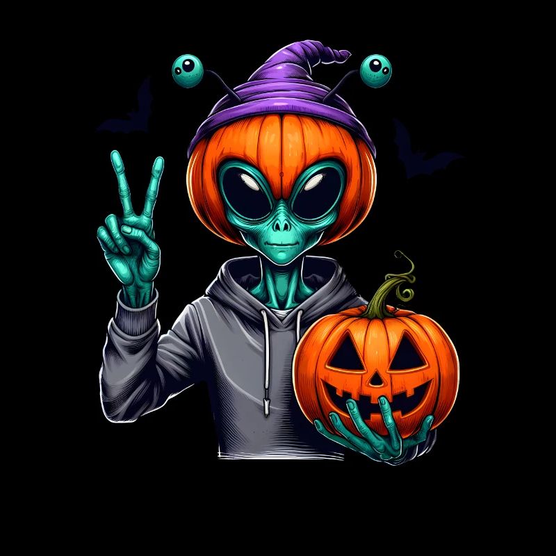 Peaceful Alien with Halloween Pumpkin