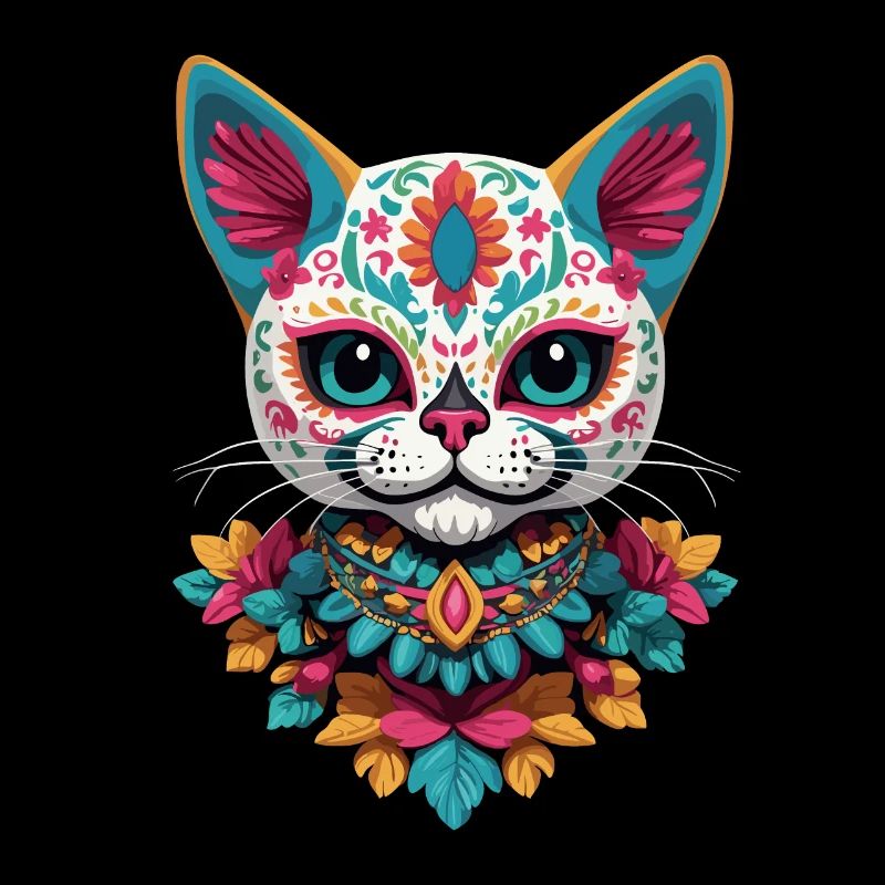 Cat Iconic Sugar Skull Mexican Festivals
