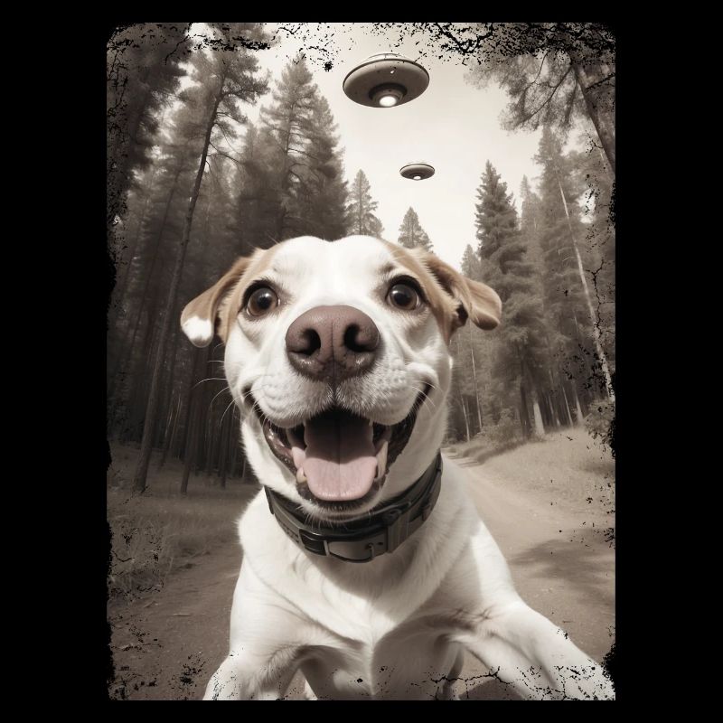 Selfie de chiens avec un vaisseau spatial extraterrestre