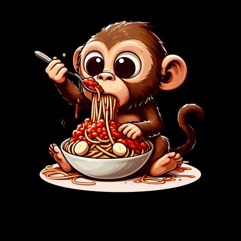 Singe dégustant des spaghettis à la bolognaise