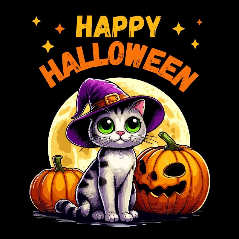Halloween Chat Sorcière Chapeau Citrouille Étoiles Mignon