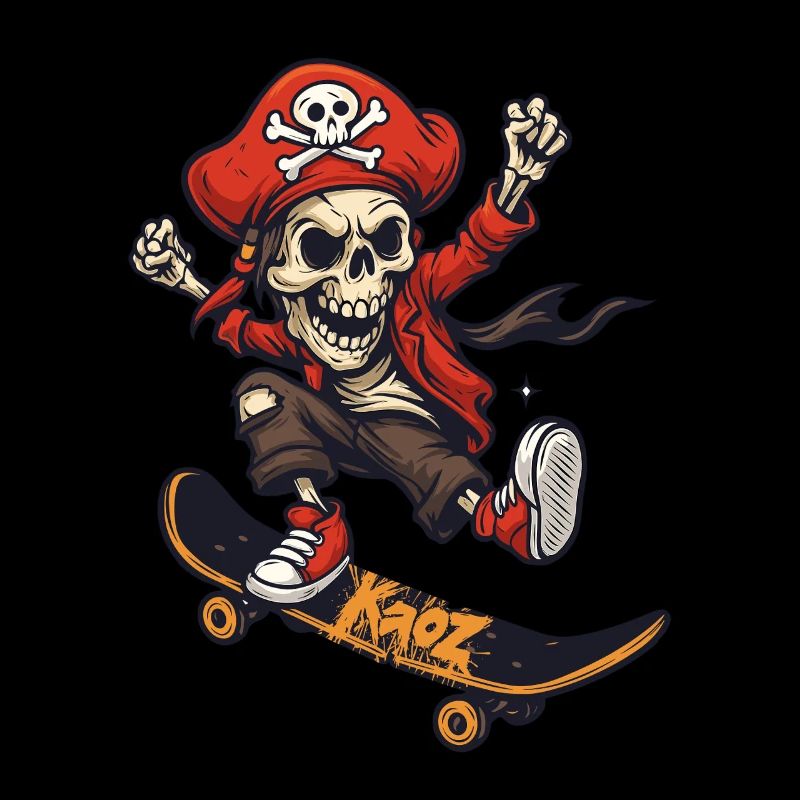 Skateboard Pirate Skeleton with Red Hat
