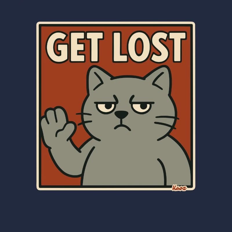 Genervte Katze mit Spruch Hau ab