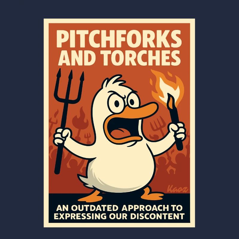 Angry duck with torch and pitchfork