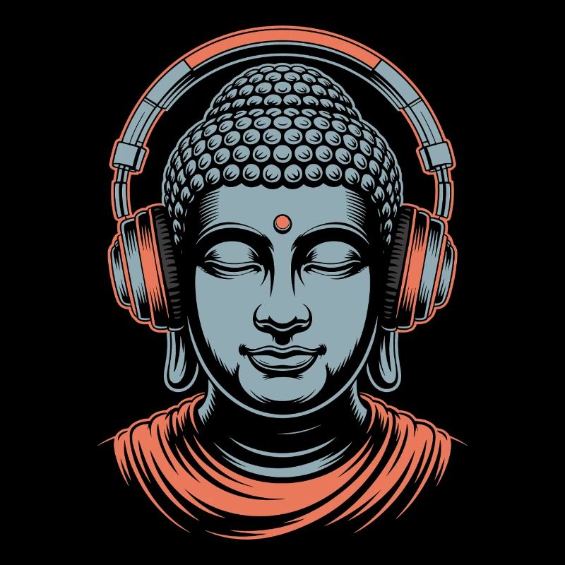 Buddha mit Kopfhörern Achtsamkeit Musik Boho Zen