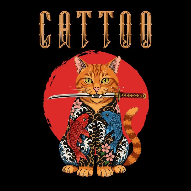 Cattoo Chat Tatoué Japonais avec Katana et Koi