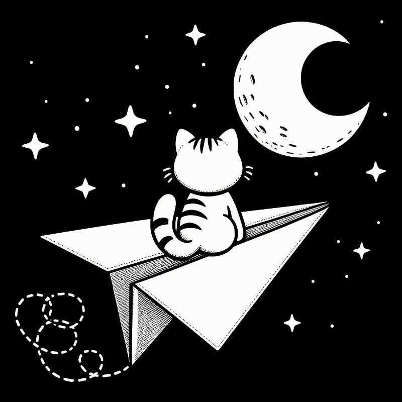 Chat Papier Avion Lune Envole-moi vers la lune Étoiles