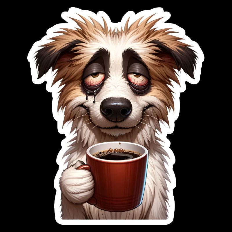 Hund müde mit Kaffeetasse