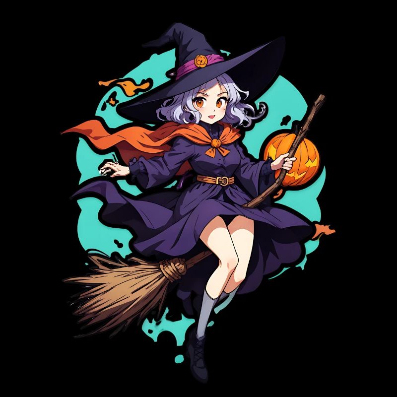 Cute witch with broom and bats