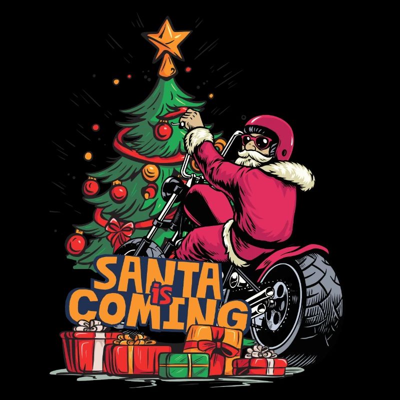 Père Noël à moto devant le sapin de Noël