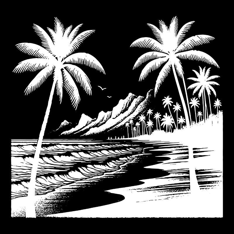 Volcano coast with palm trees, beach and sea