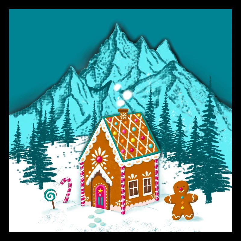 colorful gingerbread house in snowy mountains