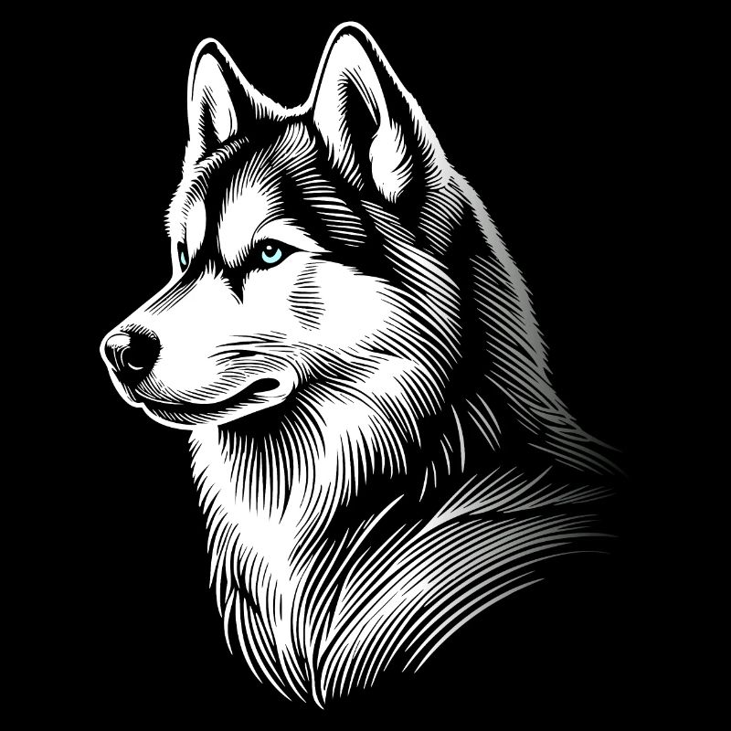 Husky head, black white, dog sled