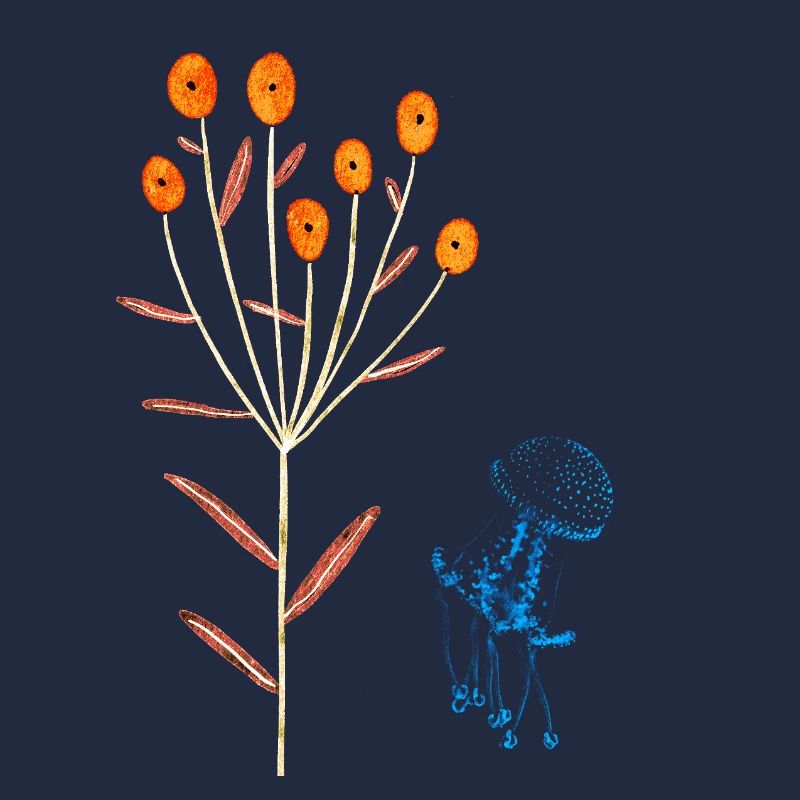 Neonblüten und blaue Quallen