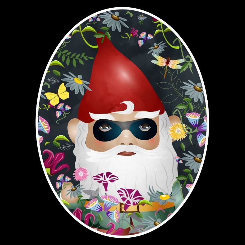 Nain de jardin avec masque incognito dans un jardin fleuri