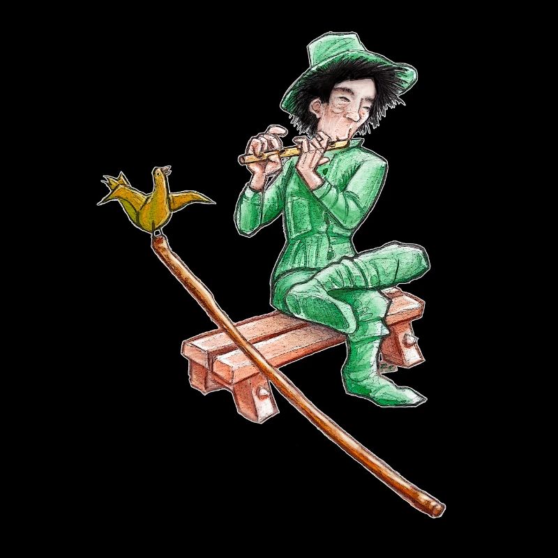 le vagabond vert jouant de la Flûte 